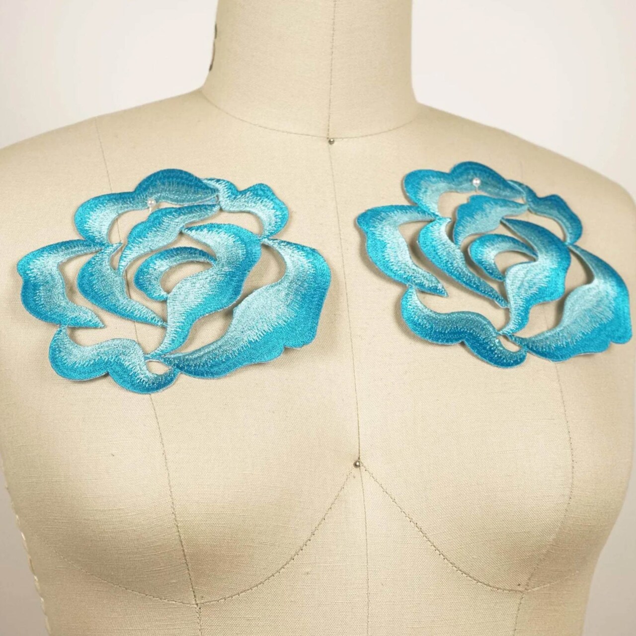 Blue Embroidery Flower Applique Pair Iron On 5.5 Inch Diameter Patch